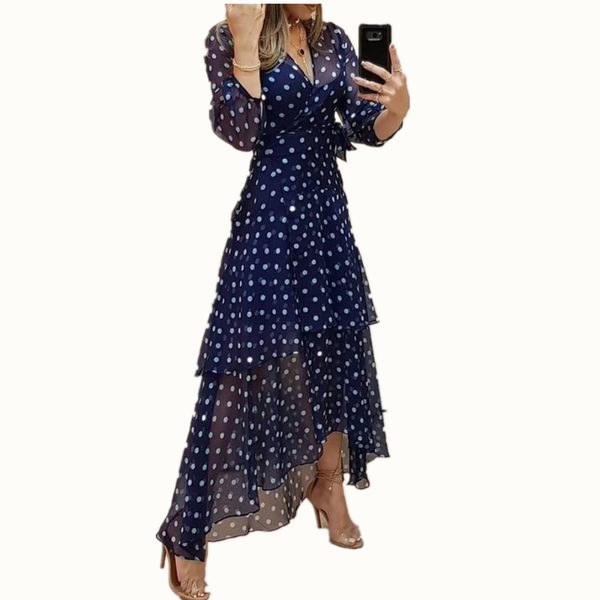 

women polka dot long sleeve boho dress elegant vintage women dresses evening party v neck maxi long dress fashion ladies dresses, Black;gray