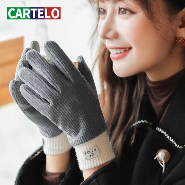 

five fingers gloves cartelo 2021 ladies autumn and winter touch screen plus velvet warm hyaluronic acid cation self-heating, Blue;gray