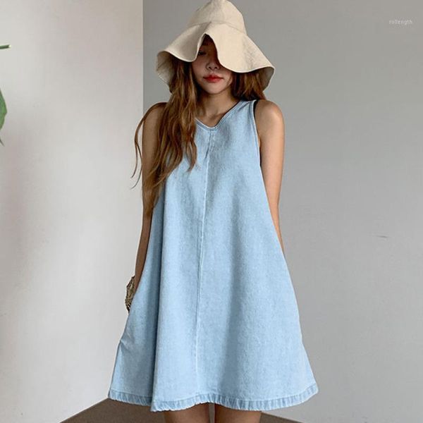 

ewq] 2020 summer new v-neck sleeveless design fashion trend ladies denim dress korean style casual blue mini dresses qv710051, Black;gray