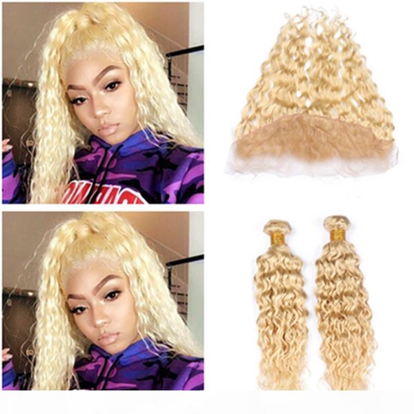 

#613 blonde wet and wavy human hair 2bundles and frontal 3pcs lot brazilian blonde water wave hair weaves with 13x4 lace frontal closure, Black