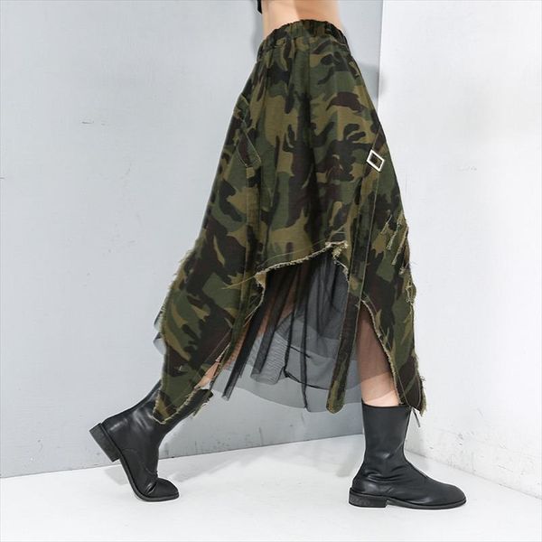 

can ship 2020 spring summre new women clothes camouflage patchwork gauze denim half body skirt irregular design yh91706, Black