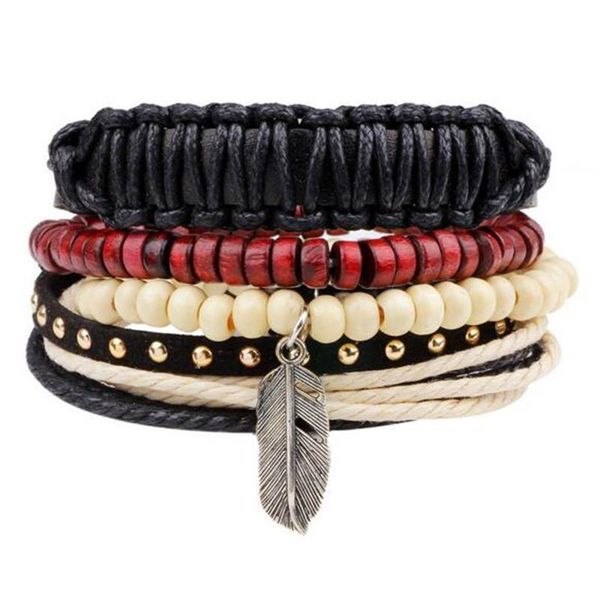 

vintage punk multilayer leather bracelet for men braided handmade rope wrap charms wood beads bracelets & bangles m bbybho, Golden;silver