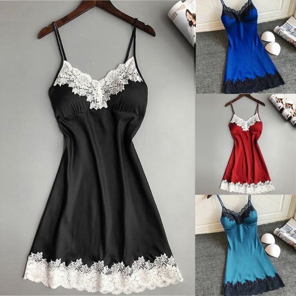 

women ladies nightwear lingerie women satin silk lace nightgown robe dress with chest pads nightdress sleepwear sleepshirts1, Black;red