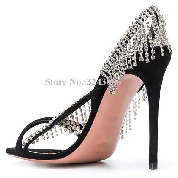 

new bling bling crystal tassel sandals shoes women fashion design rhinestone high heel dress sandals female banquet shoes1, Black