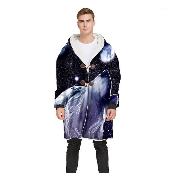 

mens winter long hooded horn buckle plus velvet thick 3d printed coat blouse autumn winter printed long sleeve1, Tan;black