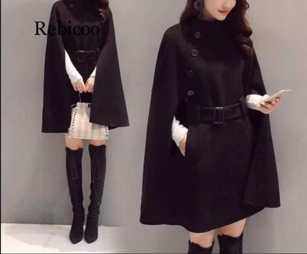 

autumn winter elegant korean clothes outerwear plus size hooded poncho wool coat women, Black