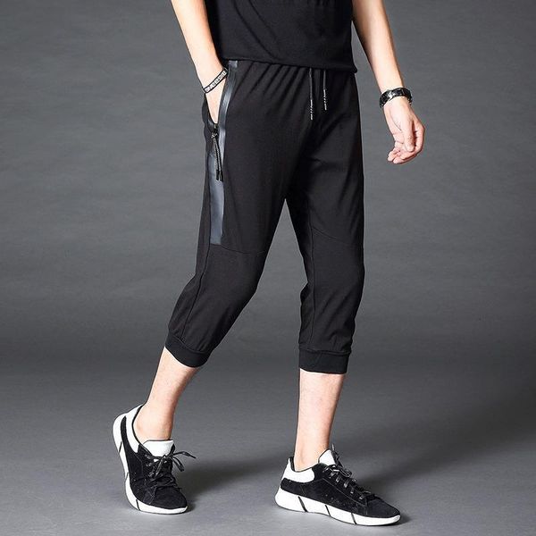 

streetwear mens cotton linen beach pants male summer casual calf-length pants sports shorts stretch trousers men's pants shorts, Black