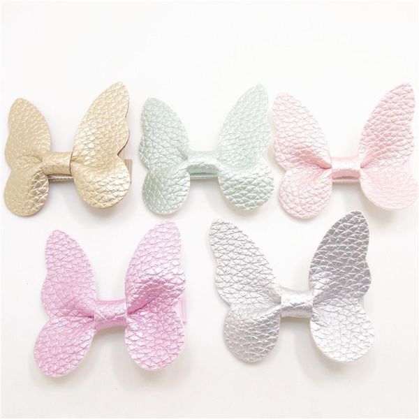 

5.5cm big butterfly hair clips artificial leather bow kid hairpin gold silver girls party cartoon animal grips, Slivery;white