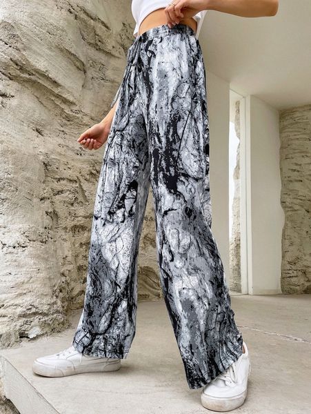 

high waist allover print knot front wide leg pants d96s#, Black;white