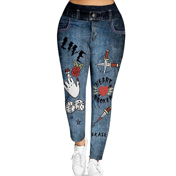 

wipalo plus size 5xl 3d denim floral print leggings women fitness jeggings pencil pants mid elastic waist casual skinny leggings y200904, Black