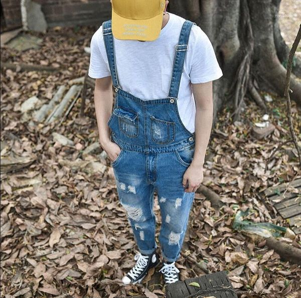 

new 2020 men's clothing fashion korean hair stylist casual jumpsuits hole overalls bib pants jeans suspenders singer costumes1, Blue