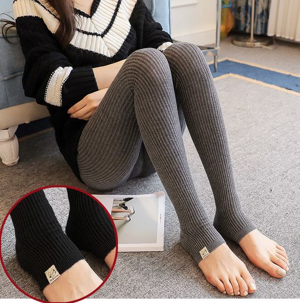 

korean pregnant women's clothing spring and autumn new style thin kitten treading bottoming pants vertical stripe thickened knitting so, White