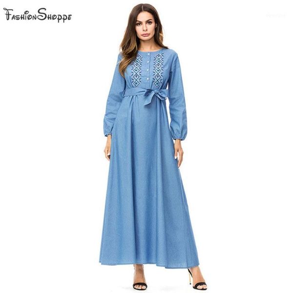 

women vintage ethnic embroidery plus size dress long sleeve casual maxi dress with belt loose abaya robe kaftan muslim #d7811, Red