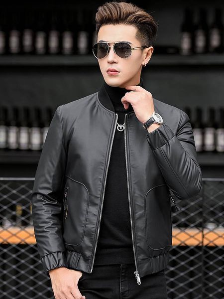 

genuine leather clothes mens sheepskin white duck down baseball uniform jacket down coat, Black