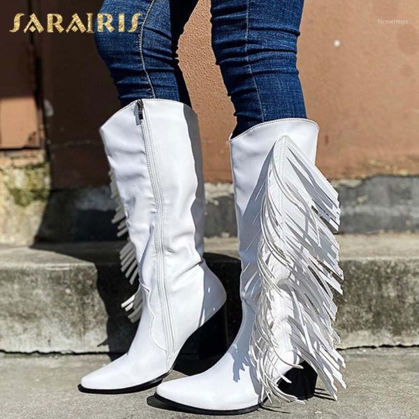 

boots sarairis 2021 arrivals spike high heels pointed toe fashion shoes ladies zip up solid fringe knee woman1, Black