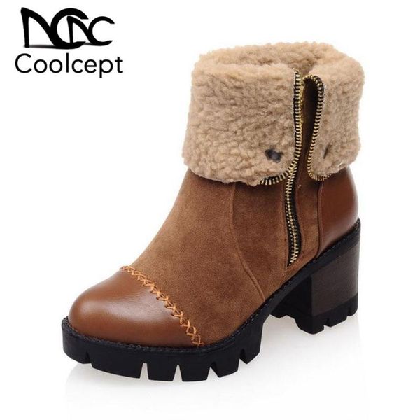 

boots coolcept ankle for woman winter warm fur zipper high heels shoes round toe platform women footwear size 32-43, Black