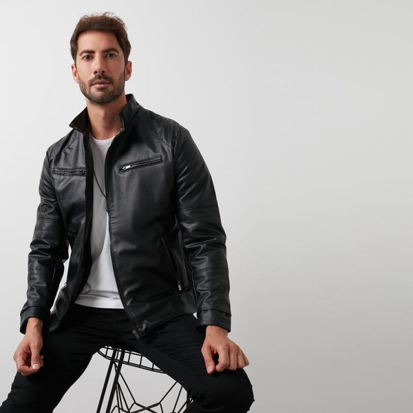 

buratti plush lined pockets sheer neckline slim fit faux leather jacket men 's leather jacket 5841105, Black;brown