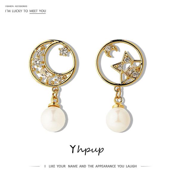 

dangle & chandelier yhpup fashion elegant luxury zirconia earrings moon star geometric shell pearls s925 female party jewelry gift, Silver