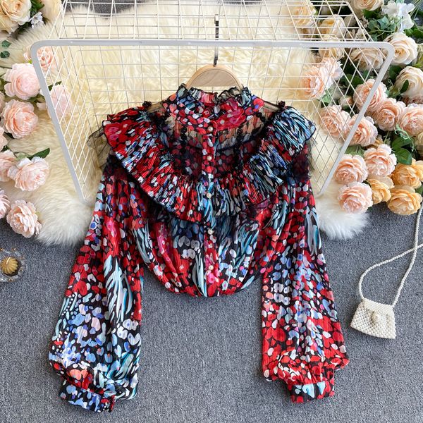 

2021 new singiny chiffon floral printing female blouse spring the neck puff boho mesh trimmings streetwear blouses p4g6, White