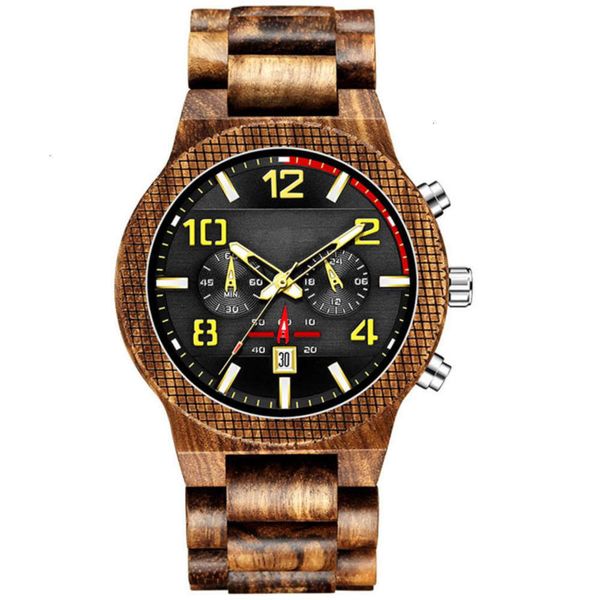 

large men's wooden watch 2020 new dial multi function quartz watch calendar sport watch, Slivery;brown