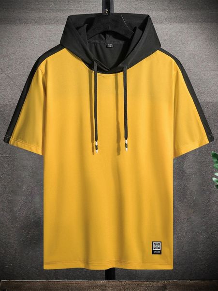 

men colorblock letter patched drawstring hooded tee m3jj#, White;black
