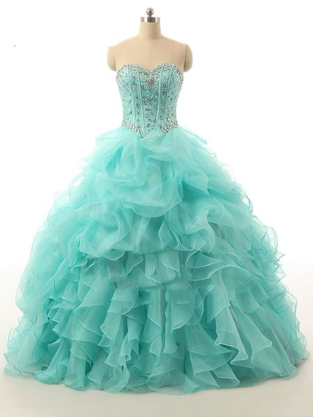 2020 Sexy Venda Quente Azul Organza Ball Vestido Quinceanera Vestidos Com Beading Crystons Lace Up Dress por 15 Anos Debutante Downs QS135