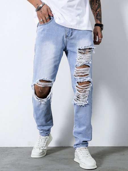 

men ripped cut out jeans r0f7#, Blue