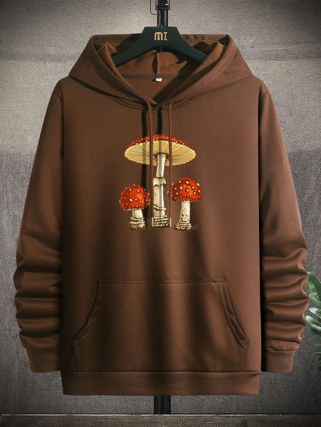 

men mushroom print kangaroo pocket drawstring hoodie 664e#, Black
