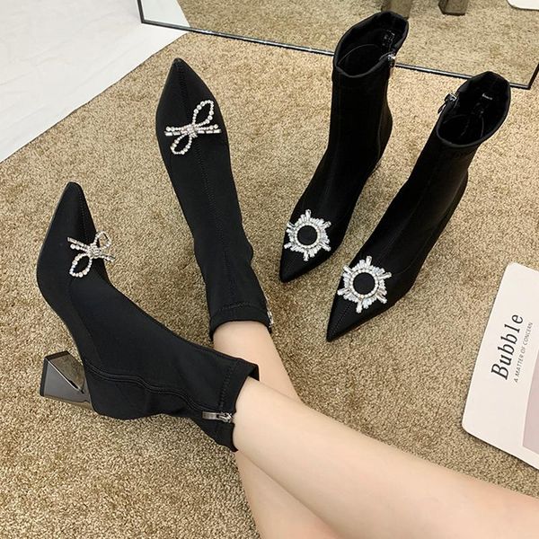 

женщины boots высокие каблуки обувь зимняя обувь ботильоны женские сапоги-женщины круглый toe стилет 2020 mid-теленок rubber осень низкий, Black