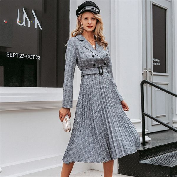 

2021 new v-neck middle elegant length button sleeves long women's belt blazer plied lady in office dress tbpj, Black;gray