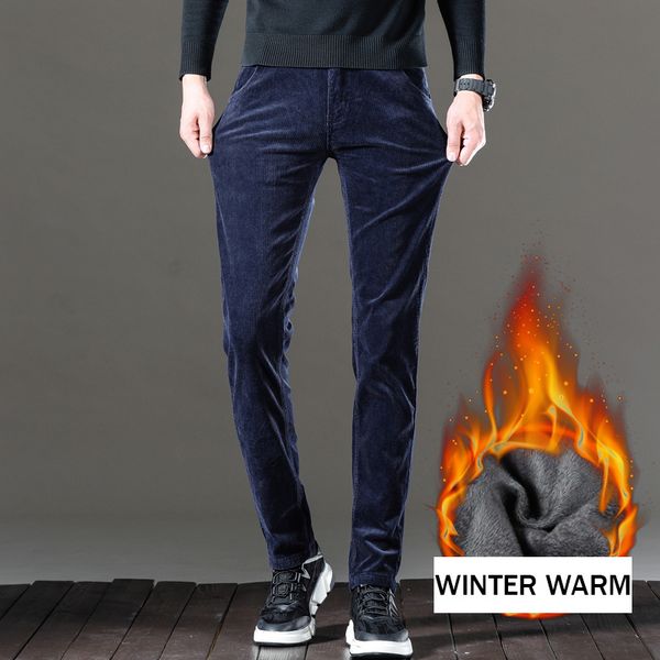 

2021 new autumn newly designer men jeans slim fit elastic casual corduroy pants fashion winter velvet warm smart business trousers 45p0, Blue