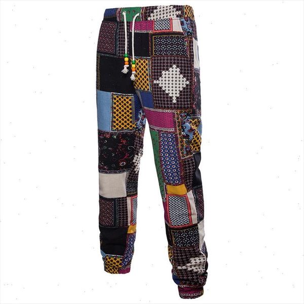 

oeak mens fashion exquisite printed cotton linen pants new loose slim fit fitness gym sports casual pants plus size, Black