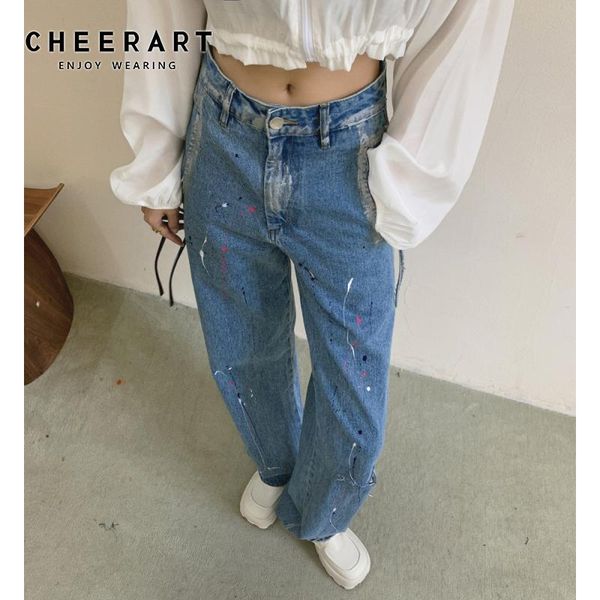 

cheerart streetwear jeans woman high waist splash-ink blue printed ripped jeans for women straight leg pants y2k korean fashion