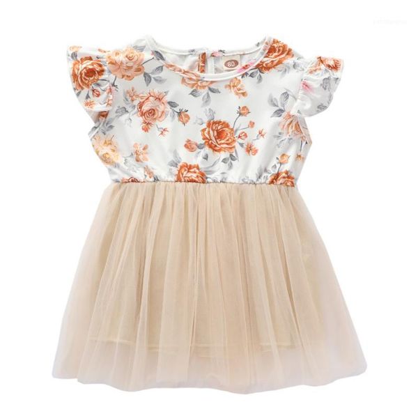 

girl's dresses cute girls european and american big flower flying sleeves mesh princess dress1, Red;yellow