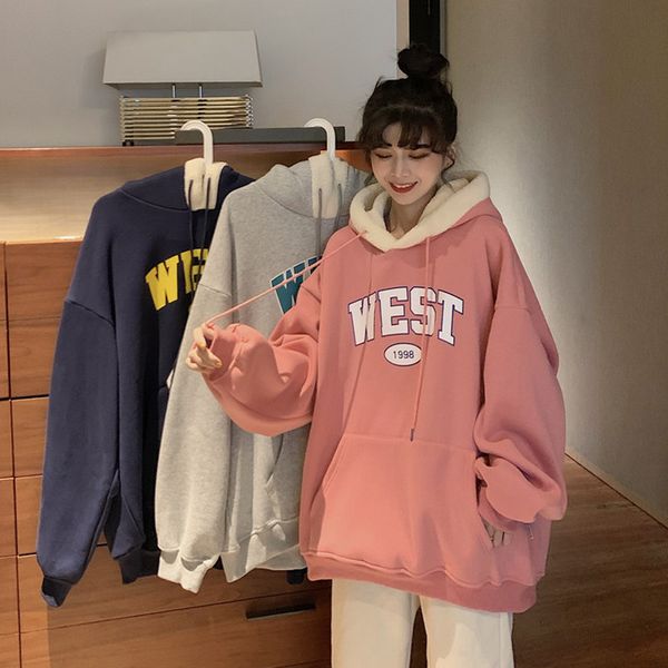 

hooded sweater women's loose korean fried street 2020 cute bf super fire imitation cashmere long sleeve versatile d8gp, Black