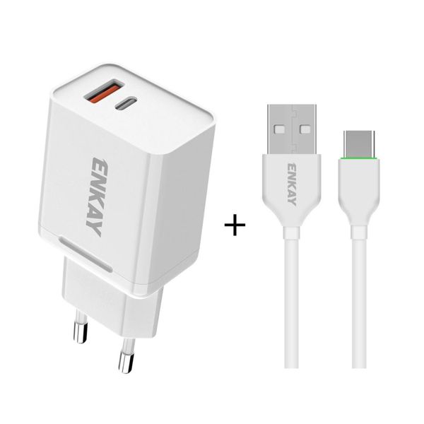 

enkay hat-prince t030 18w 3a pd qc30 dual usb fast charging power adapter eu plug portable travel charger with 1m 3a type-c cable