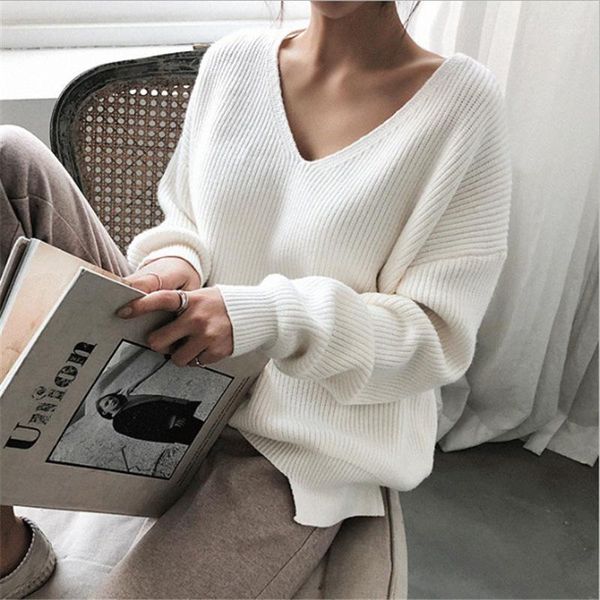 

2020 new womens sweaters autumn winter casual v neck women pullover sweater solid long sleeve loose knitted cashmere, White;black