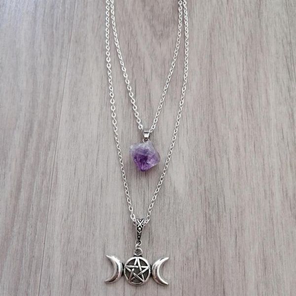 

chains purple stone chain pentacle necklace triple moon natural pendant wicca witchy witch pagan esoteric gothic 2021 women gift, Silver