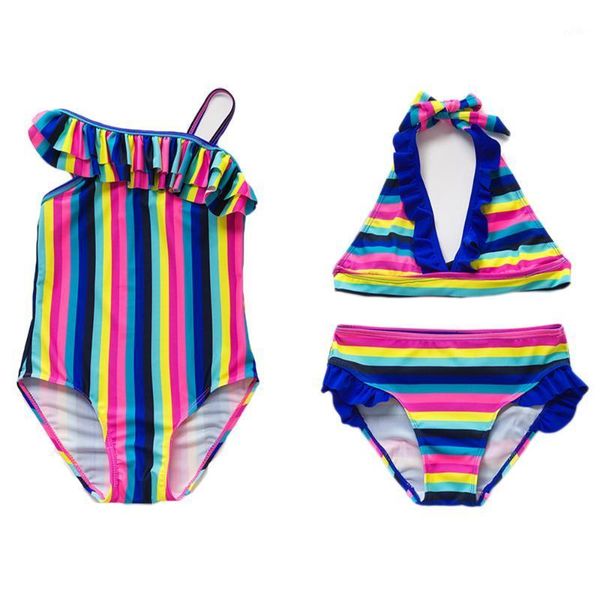 

bikinis set 2021 girls swimwear 5~14years falbala swimsuit teenager kids beachwear colorful strips children swimwear-st188/1891