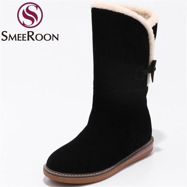 

smeeroon flock mid calf boots classic round toe low heels boots slip on keep warm winter snow casual campus shoes woman1, Black