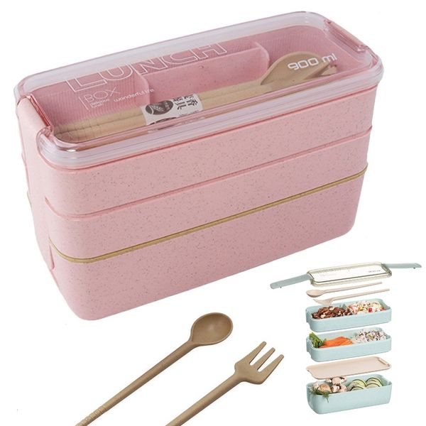 Materiale sanitario 3 strati scatola da pranzo a microonde a microonde giapponese bento cibo container eco-friendly paglia di grano 900ml lunchbox LJ200826