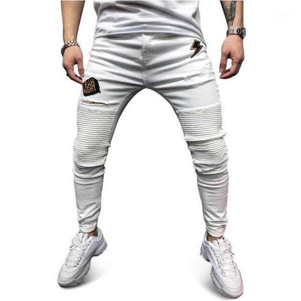 

2020 new men's trend ripped patch beggar pants fashion letter embroidery folds street hip hop slim-fit jeans for all seasons1, Blue