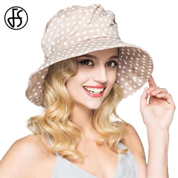 

fs fashion summer wide brim cotton bucket hat for women polka dot foldable sun hats casual lady floppy uv beach visors cap t200602, Blue;gray