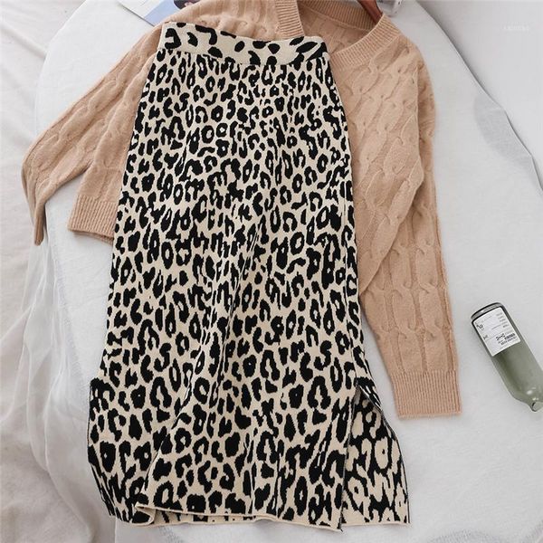 

autumn winter women leopard knitted skirt split elastic high waist sweater skirts female package hip long knitted skirt ab12361, Black
