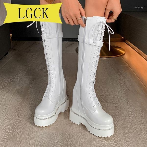 

plus size 34-41 spring autumn lacing knee high boots women fashion white woman flat with shoes winter genuine leather1, Black