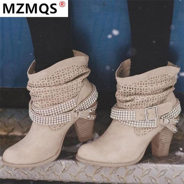 

2020 buckle strap boots women winter retro pu leather shiny rivets square heel ankle boots winter shoes women botines mujer, Black