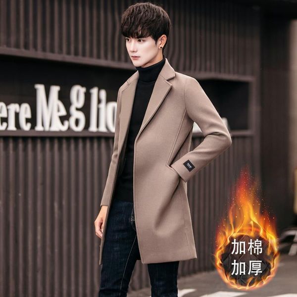 

wool mid long fashion korean slim new winter woollen coat men's windbreaker with cotton thiening, Tan;black