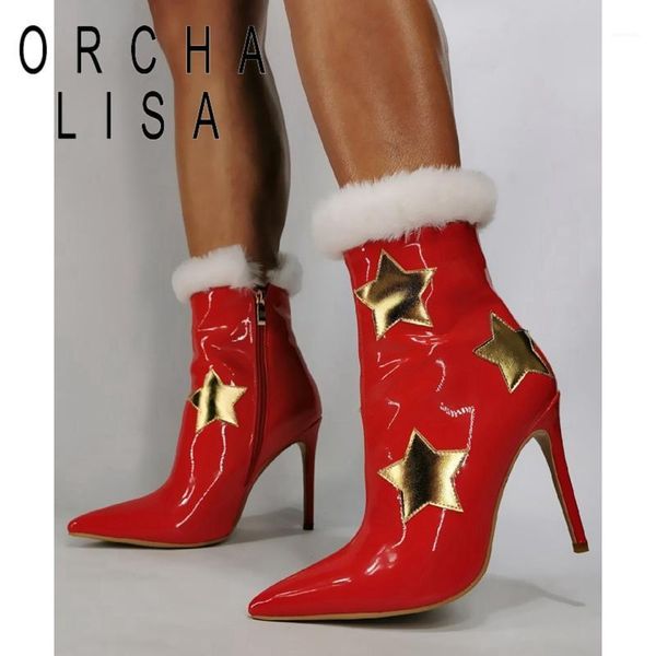 

boots orcha lisa women ankle pointed toe high heels zipper patent leather pentagram size 43 fur christmas club c22461, Black