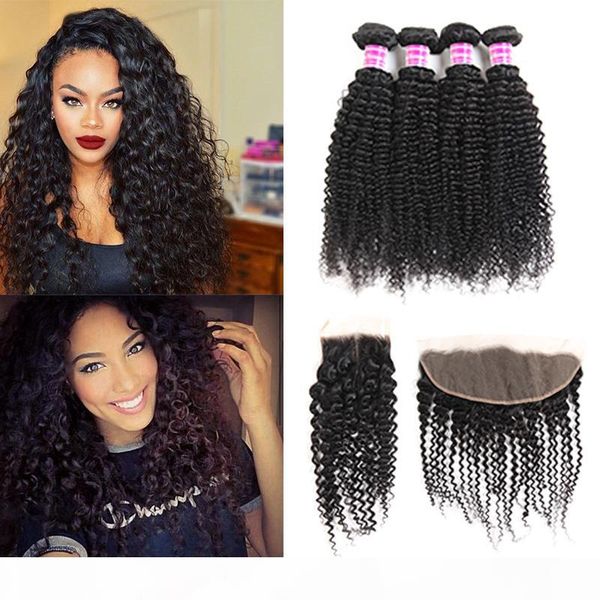 

unprocessed peruvian virgin hair vendors kinky curly remy human hair weave bundles with lace closure frontal brazilian hair extensions wefts, Black
