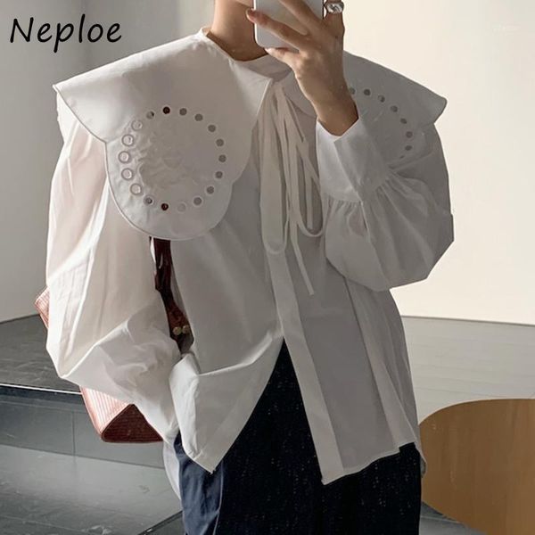 

women's blouses & shirts neploe chic embroidered detachable collar loose shirt single breasted flare sleeve femme blusas autumn all-mat, White